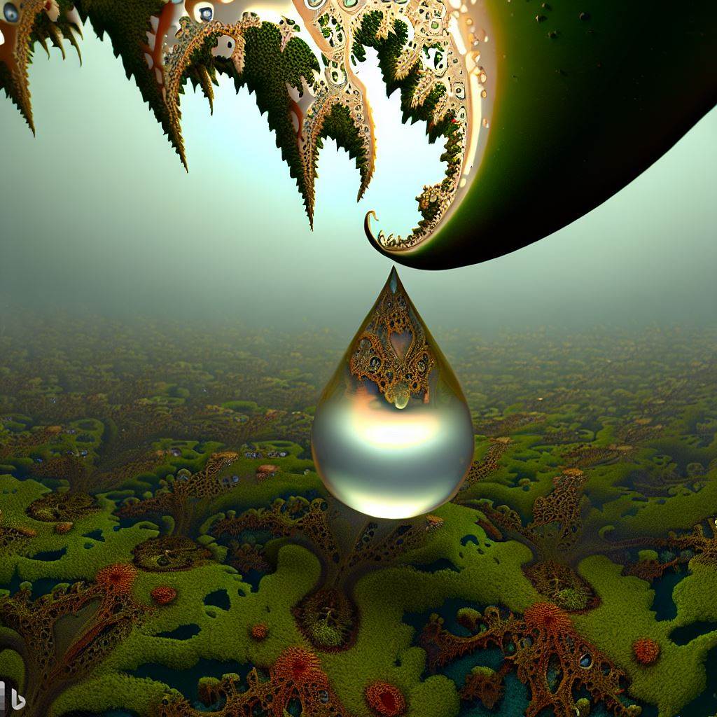 2 -a 3d hyper-real raindrop falling toward a mossy lichen-encrusted fractal rainforest floor that contains a mysterious - jubilant recursion mirror Escheresque convulsions -.jpg